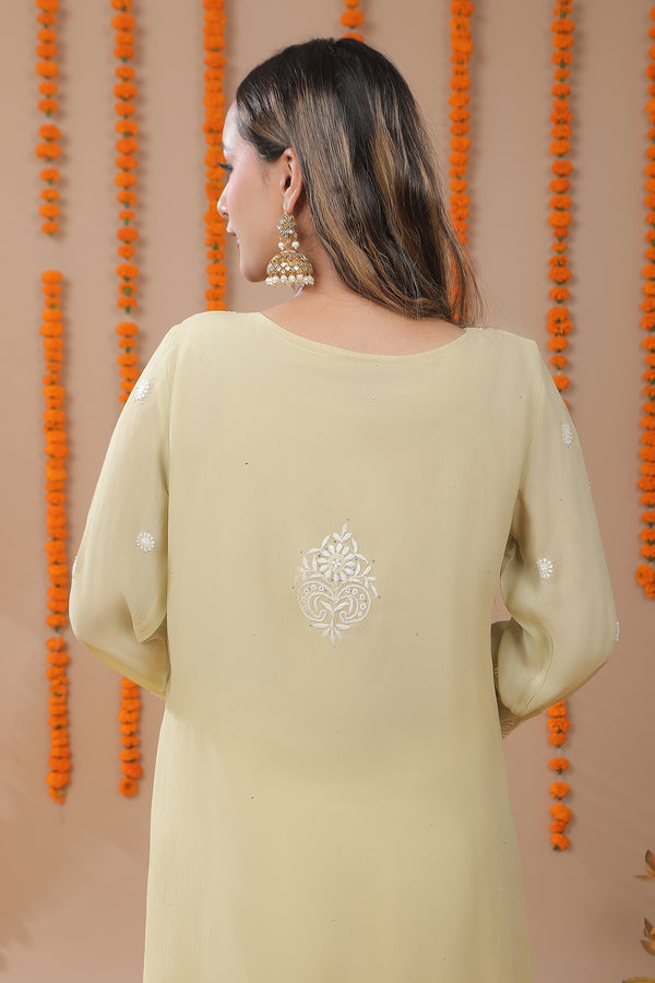 Asparagus Green Georgette Chikankari Kurta with Mukaish Work