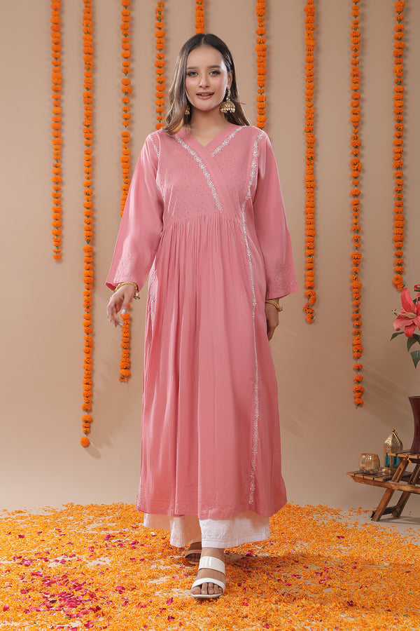 Dusty Rose Pink Chikankari Kurta with Mukaish Work