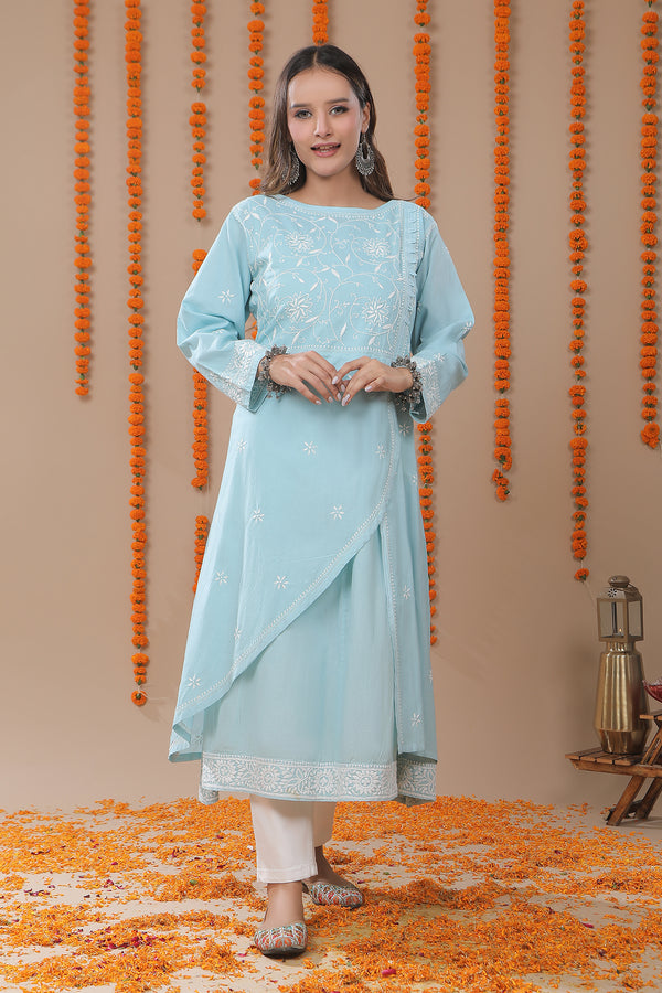 Light Turquoise Chikankari Embroidery 2 pc Dress