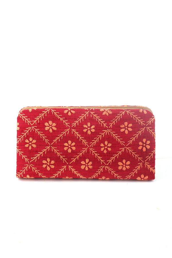 BARN RED AND BEIGE CHIKANKARI ZIPPED CLUTCH