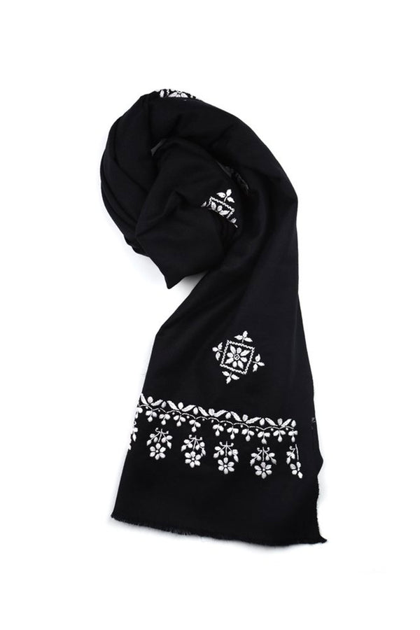 BLACK WOOLLEN SHAWL WITH PEARL WHITE CHIKANKARI EMBROIDERY