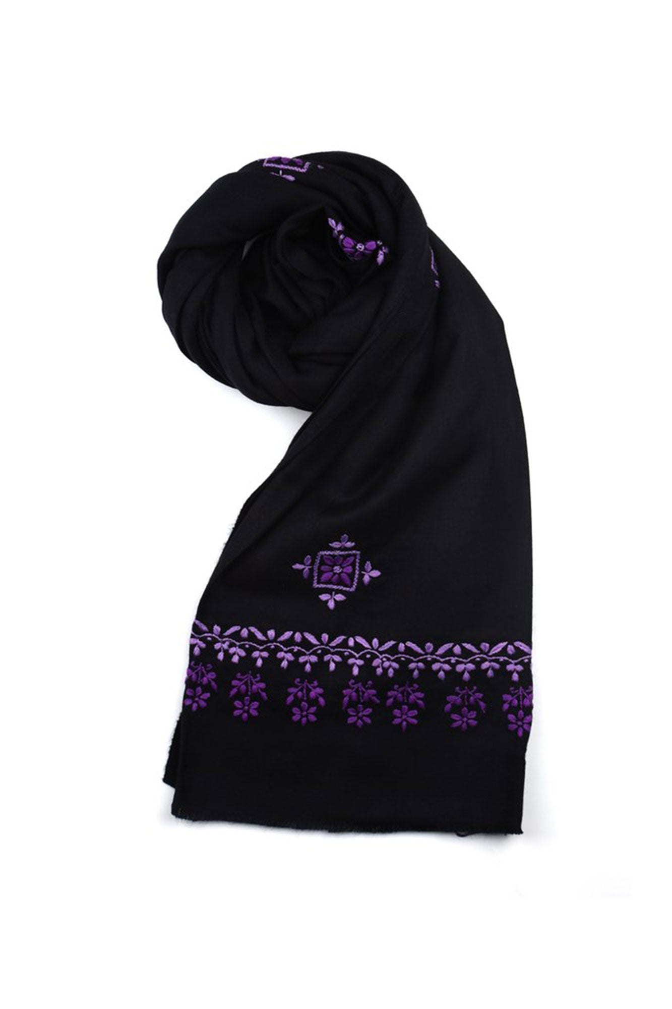 BLACK WOOLLEN SHAWL WITH MAUVE AND LAVENDER CHIKANKARI EMBROIDERY