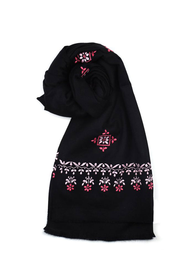 BLACK WOOLLEN SHAWL WITH PINK CHIKANKARI EMBROIDERY