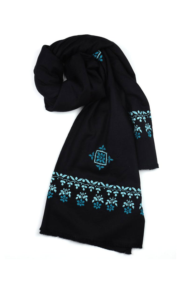 BLACK WOOLLEN SHAWL WITH AQUA BLUE CHIKANKARI EMBROIDERY