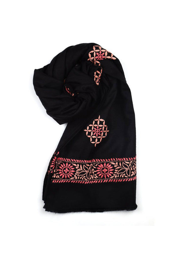 BLACK WOOLLEN SHAWL WITH PINK CHIKANKARI EMBROIDERY