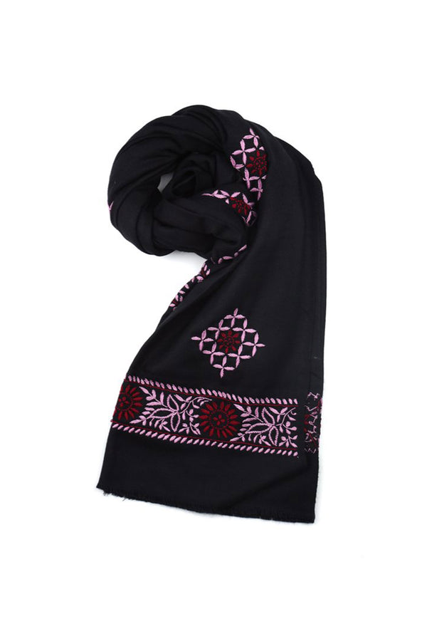 BLACK WOOLLEN SHAWL WITH MAGENTA AND LAVENDER CHIKANKARI EMBROIDERY