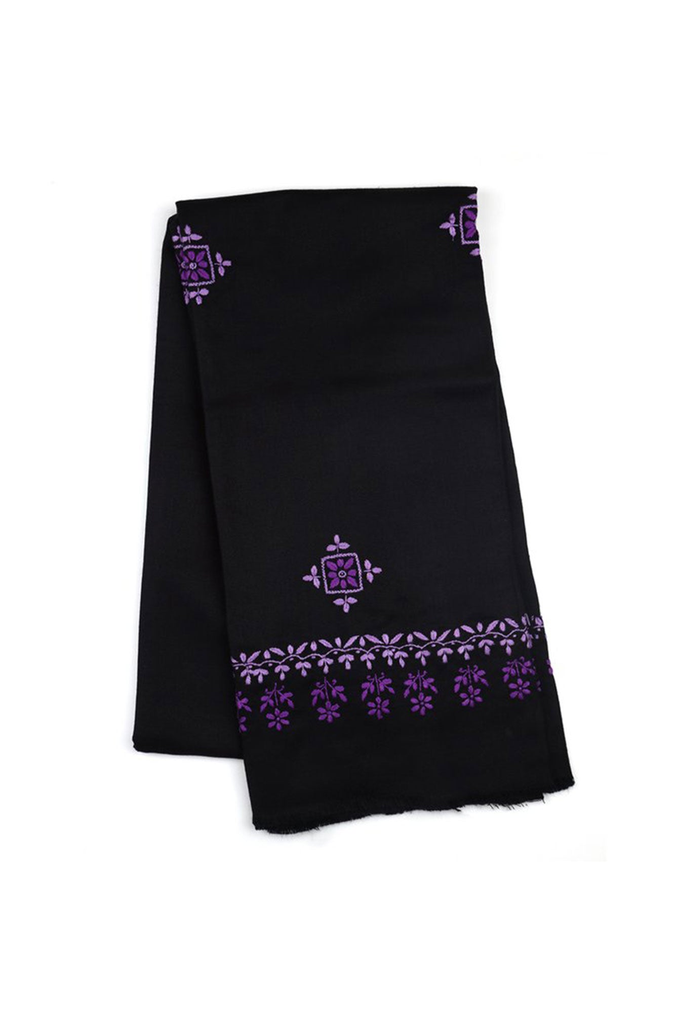 BLACK WOOLLEN SHAWL WITH MAUVE AND LAVENDER CHIKANKARI EMBROIDERY