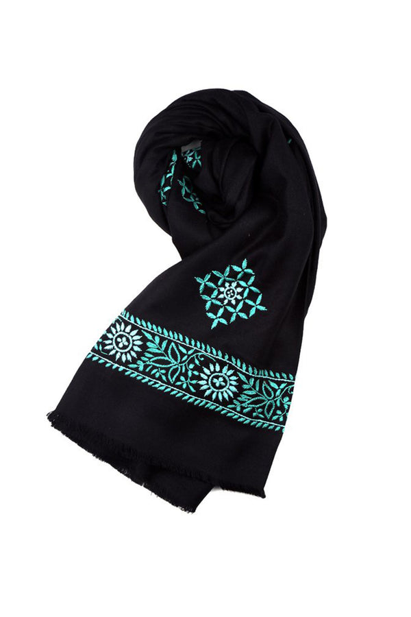 BLACK WOOLLEN SHAWL WITH AQUA BLUE CHIKANKARI EMBROIDERY