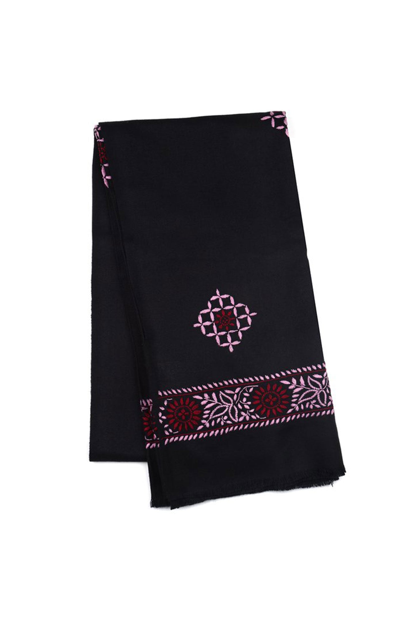 BLACK WOOLLEN SHAWL WITH MAGENTA AND LAVENDER CHIKANKARI EMBROIDERY