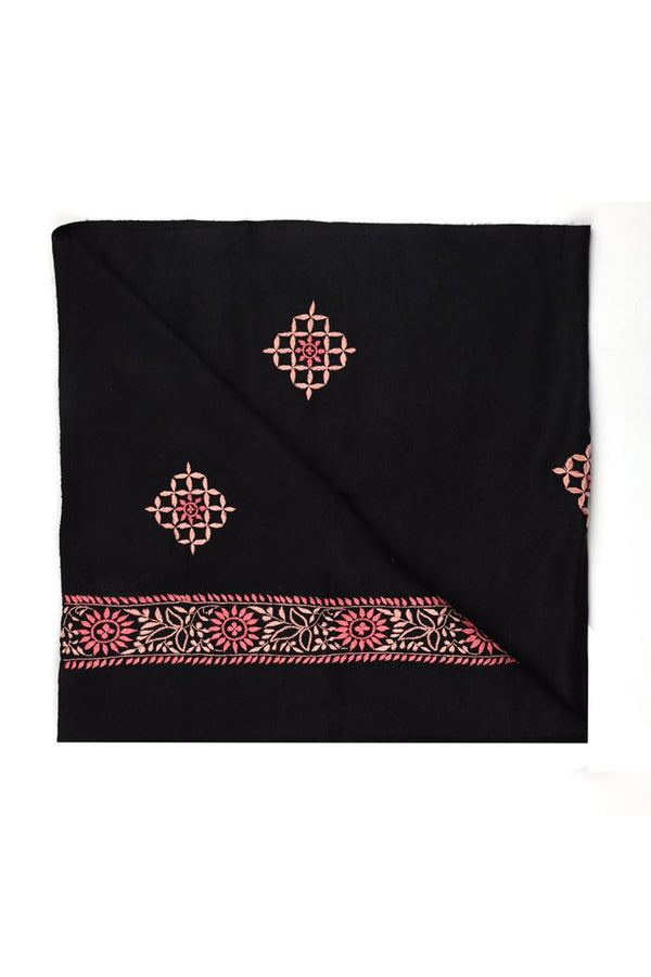 BLACK WOOLLEN SHAWL WITH PINK CHIKANKARI EMBROIDERY