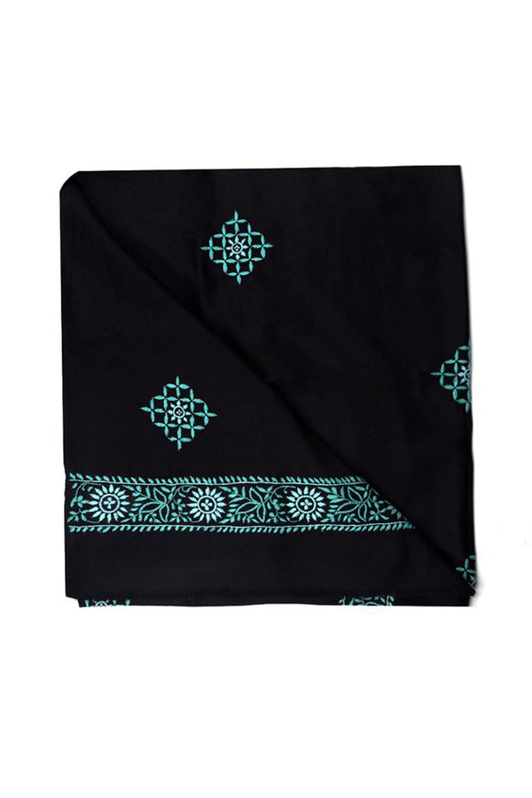 BLACK WOOLLEN SHAWL WITH AQUA BLUE CHIKANKARI EMBROIDERY
