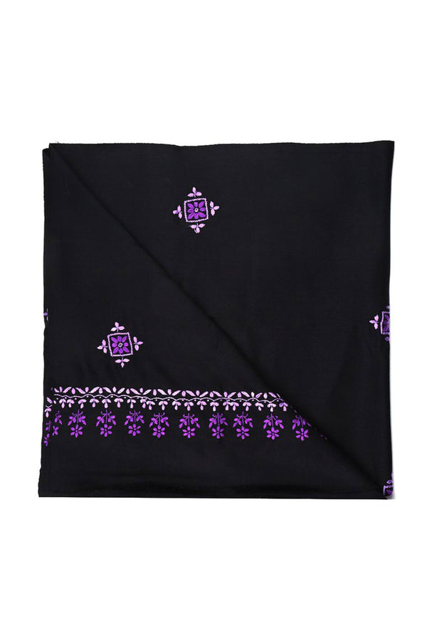 BLACK WOOLLEN SHAWL WITH MAUVE AND LAVENDER CHIKANKARI EMBROIDERY
