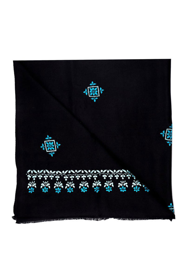 BLACK WOOLLEN SHAWL WITH AQUA BLUE CHIKANKARI EMBROIDERY