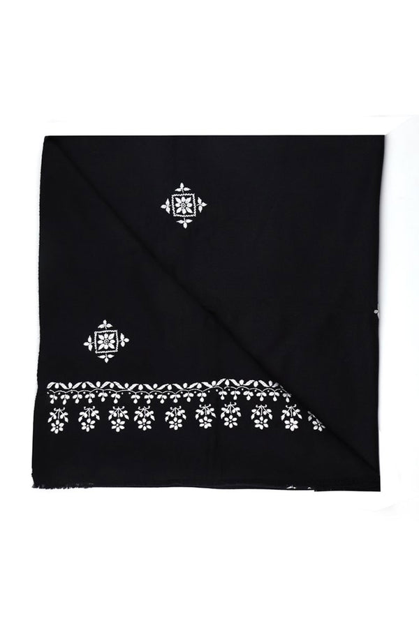 BLACK WOOLLEN SHAWL WITH PEARL WHITE CHIKANKARI EMBROIDERY