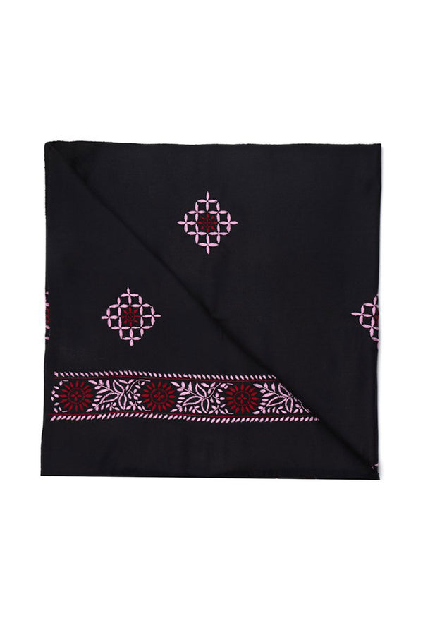 BLACK WOOLLEN SHAWL WITH MAGENTA AND LAVENDER CHIKANKARI EMBROIDERY