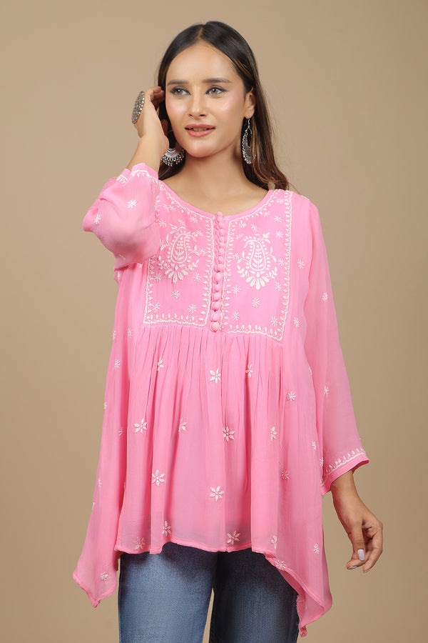 Pink Georgette with White Chikankari embroidery Top