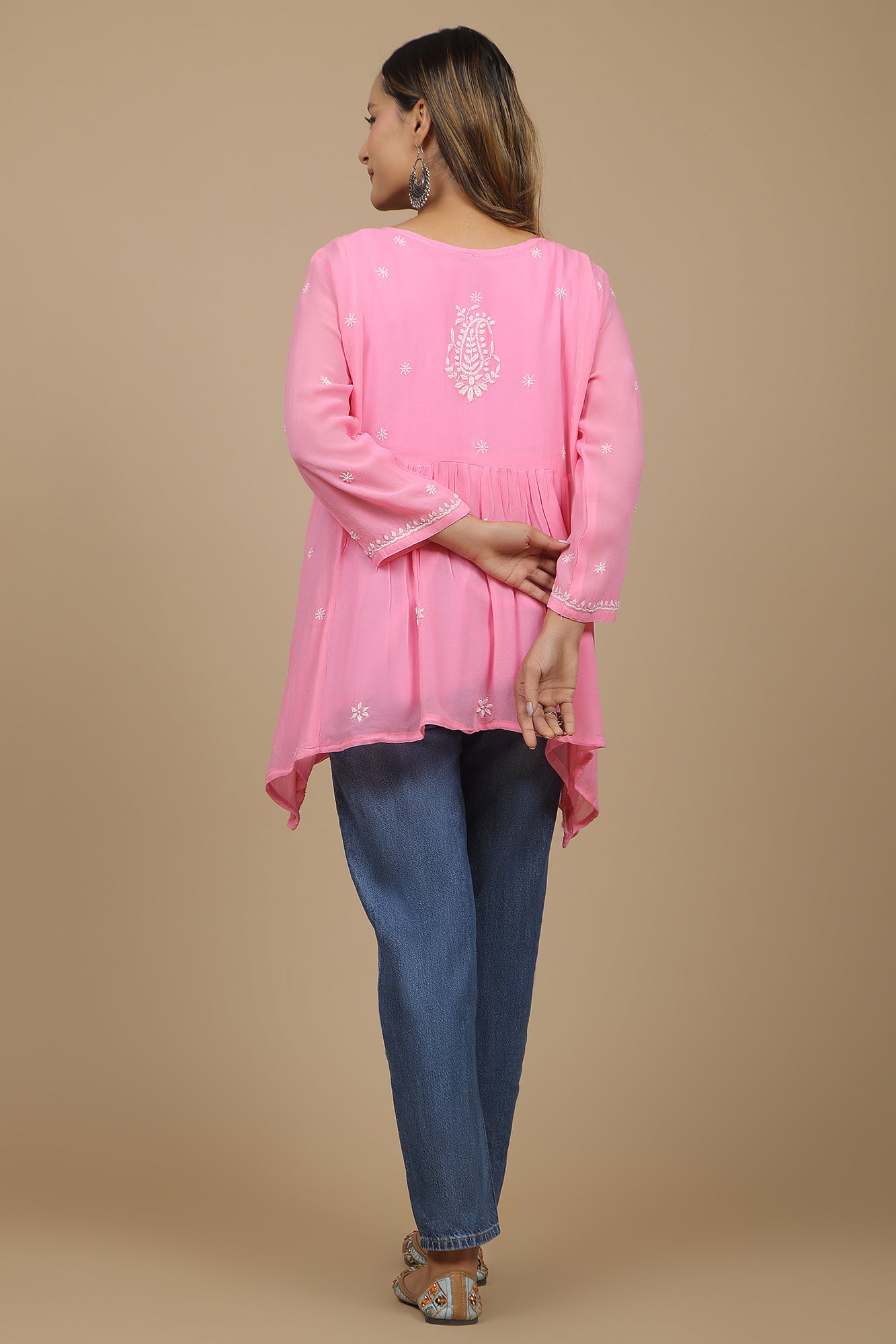 Pink Georgette with White Chikankari embroidery Top