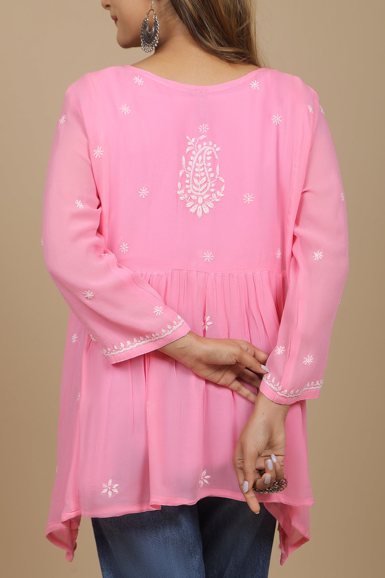 Pink Georgette with White Chikankari embroidery Top