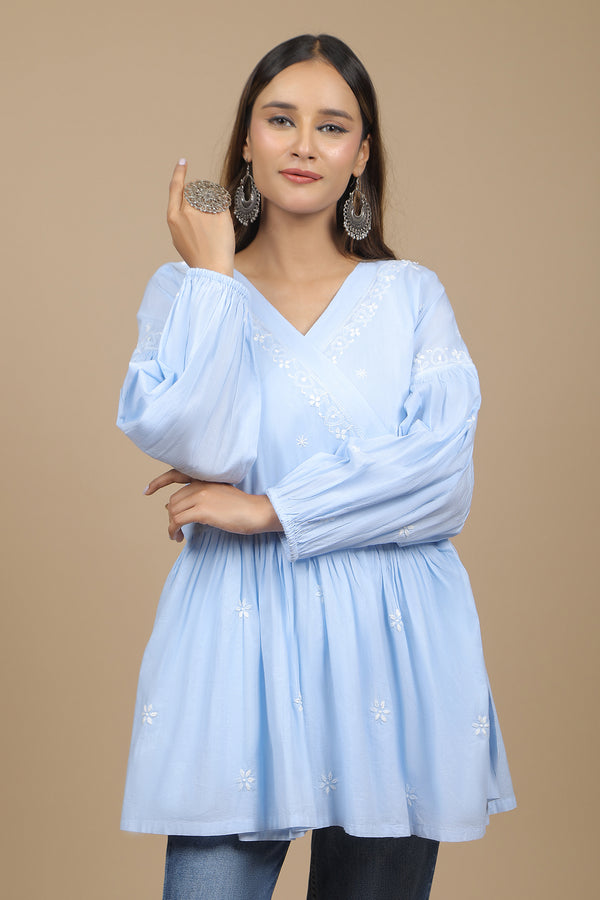 Sky Blue Pure Cotton Chikankari Angarkha Style Top