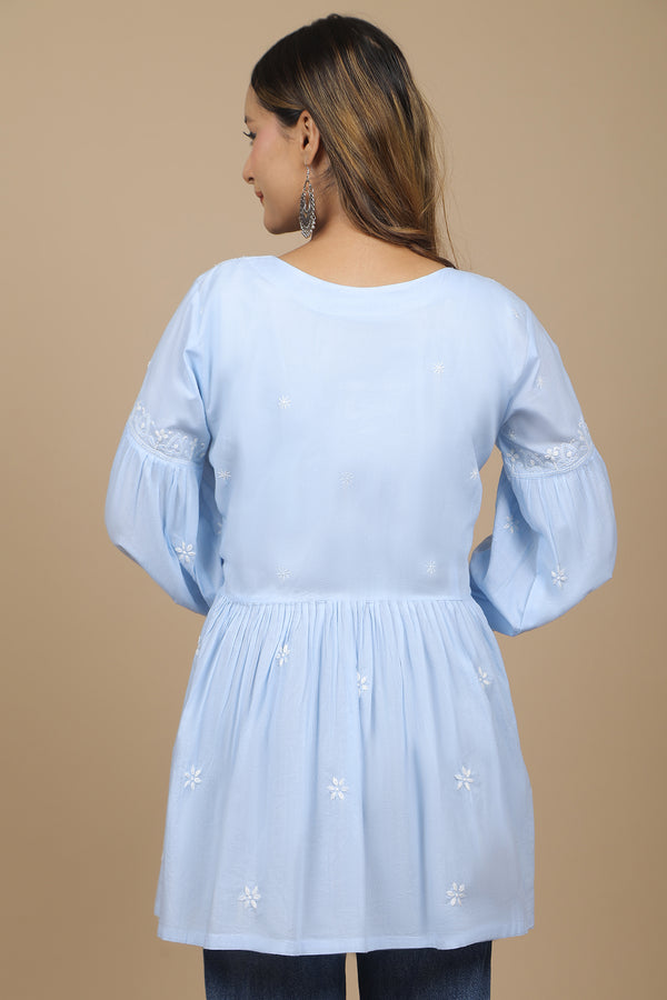 Sky Blue Pure Cotton Chikankari Angarkha Style Top