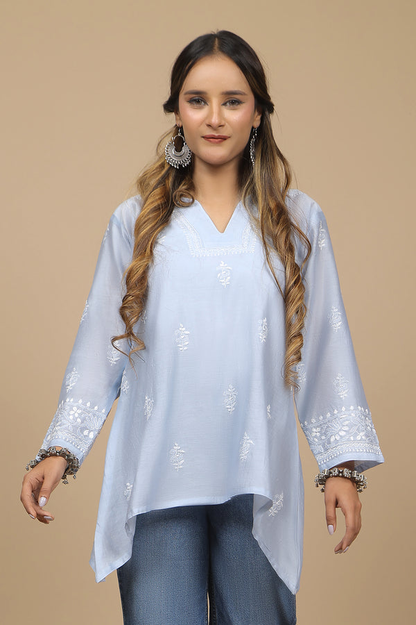 Columbia Blue Chikankari Silk Top