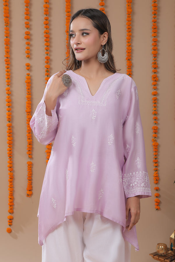 Lavender Chanderi Silk Chikankari Embroidery Top