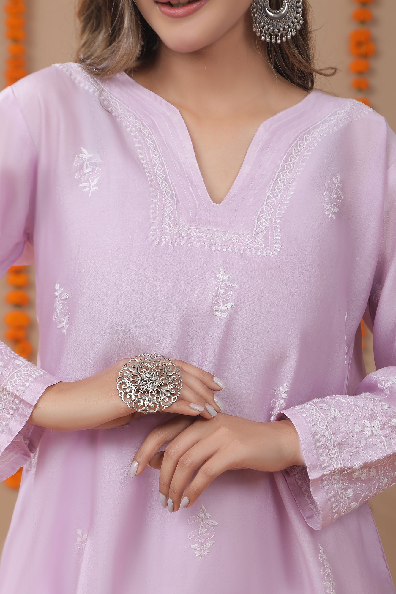 Lavender Chanderi Silk Chikankari Embroidery Top