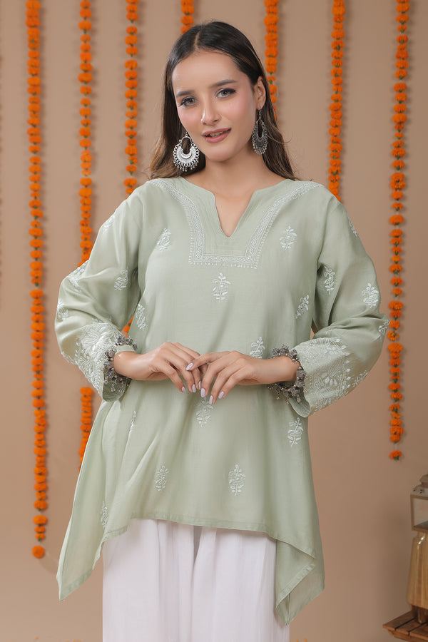 Pistachio Green Chanderi Silk Chikankari Embroidery Top