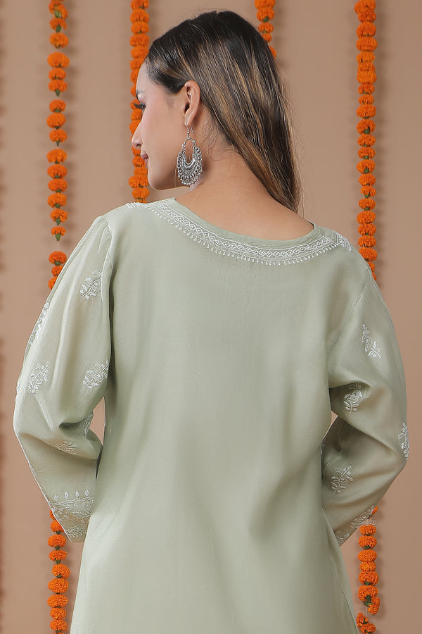 Pistachio Green Chanderi Silk Chikankari Embroidery Top