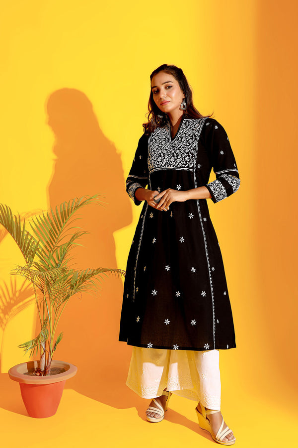BLACK & WHITE A-LINE CHIKANKARI KURTA