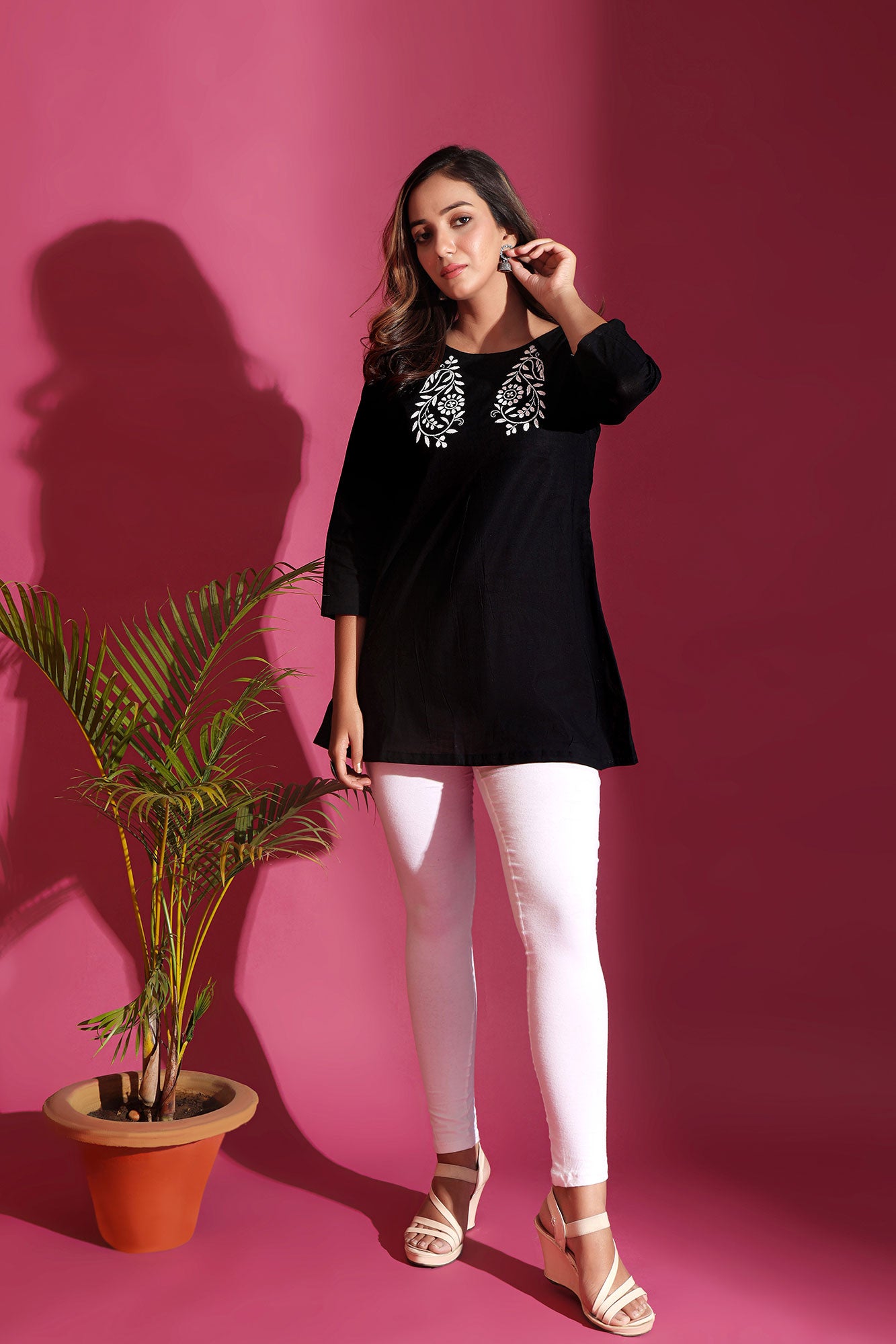 Black Color Cotton Fabric 3/4th Sleeves V-Neck Casual Short Kurti