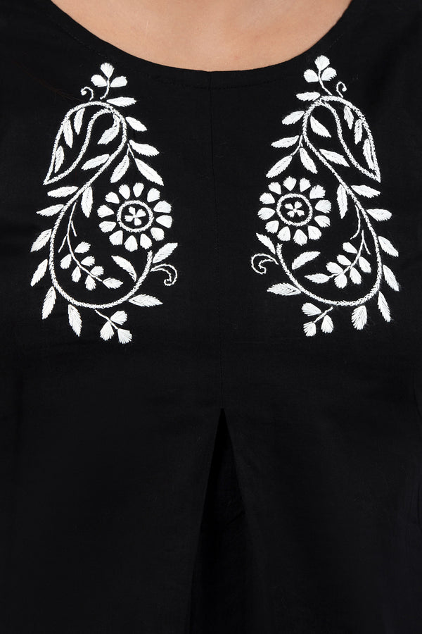 BLACK AND WHITE CHIKANKARI A-LINE SHORT KURTI