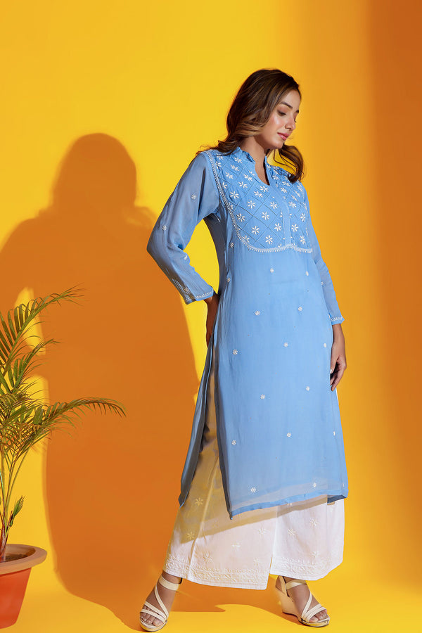 ROYAL BLUE GEORGETTE CHIKANKARI KURTA