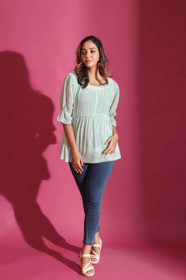 MINT GREEN SHEER CHIKANKARI TOP