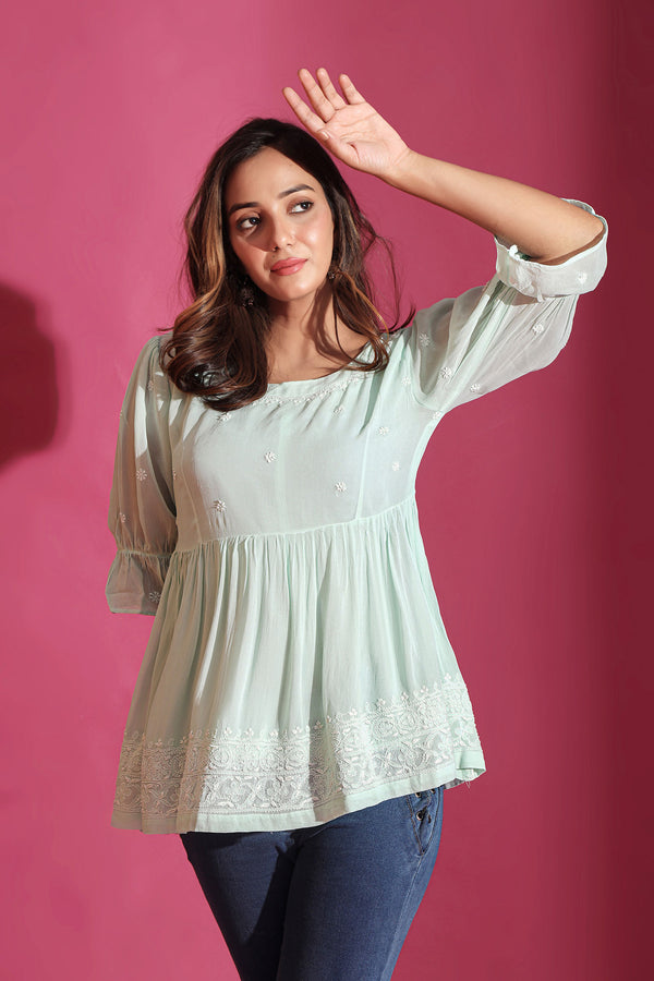 MINT GREEN SHEER CHIKANKARI TOP