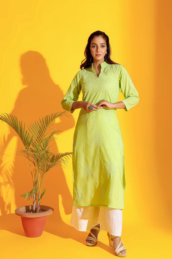 LIME GREEN CHIKANKARI KURTA