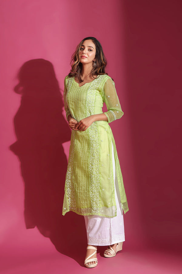 SPRING GREEN ORGANZA CHIKANKARI KURTA