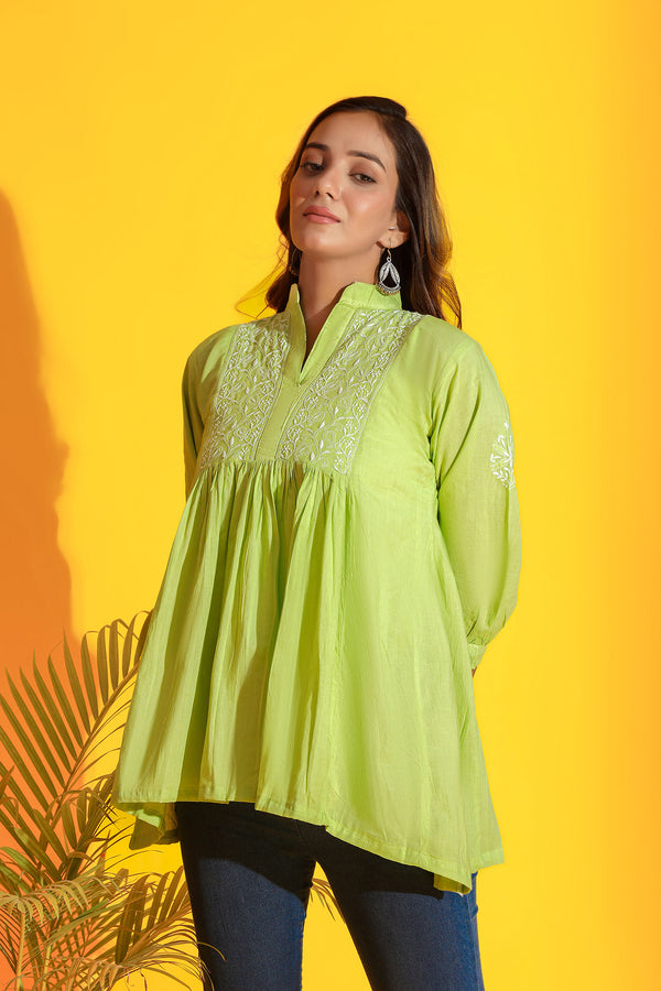 LIME GREEN CHIKANKARI FLARED TOP