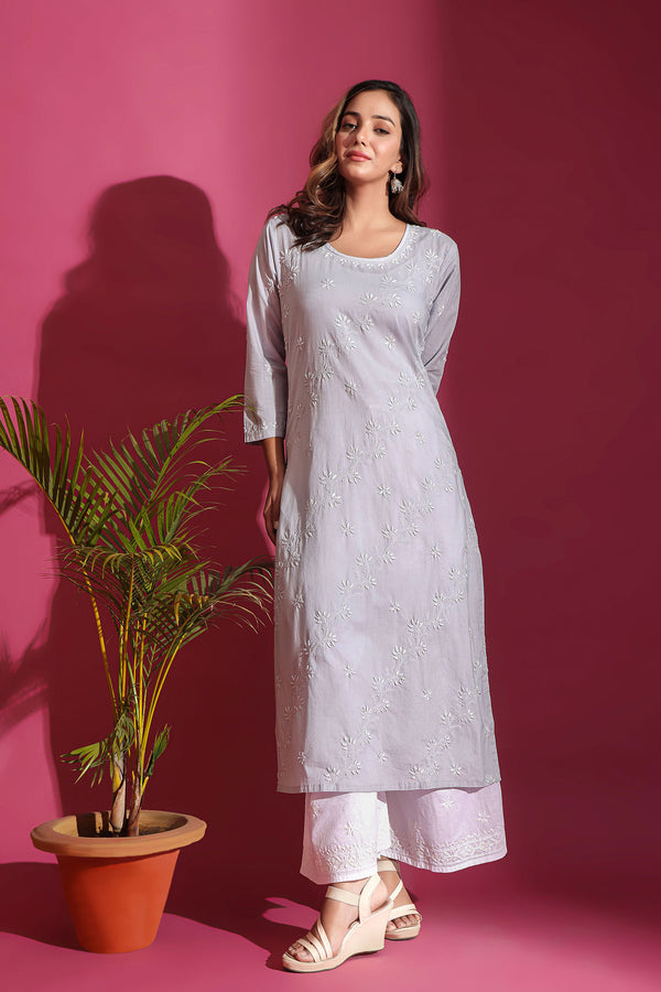 LIGHT GRAY CHIKANKARI COTTON KURTA