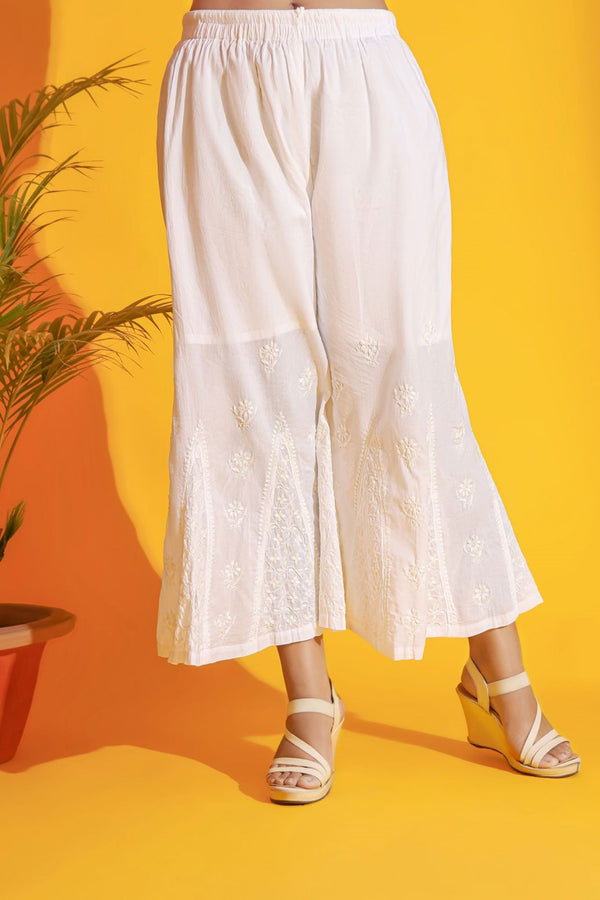 Waca Pure Cotton White Palazzo with White Chikankari Embroidery