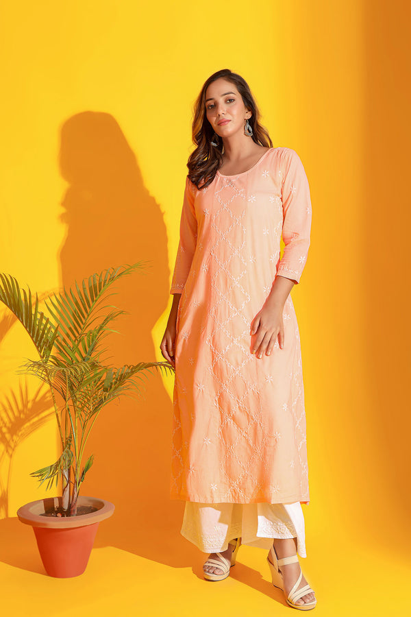 CREAMY PEACH CHIKANKARI KURTA
