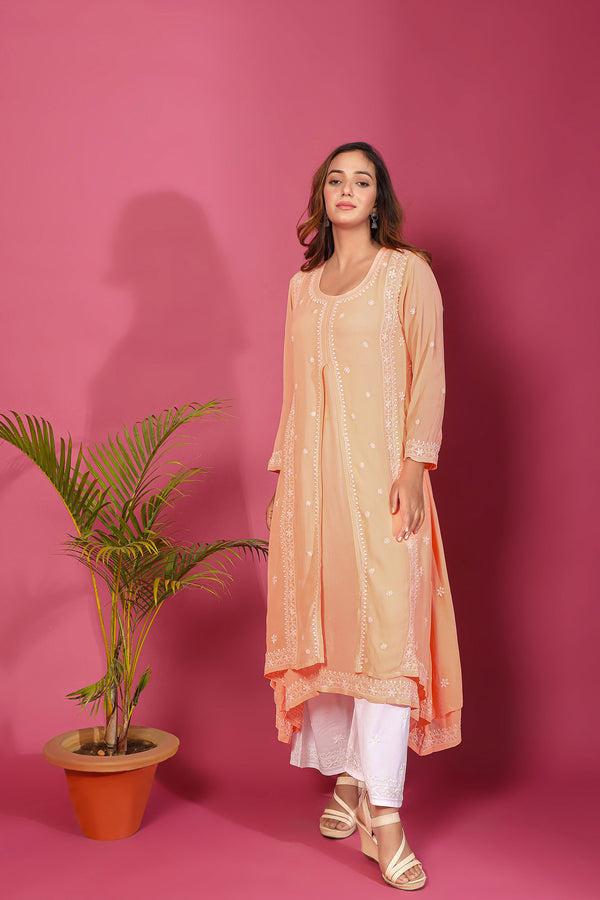 PEACH GEORGETTE FLOWY CHIKANKARI KURTA