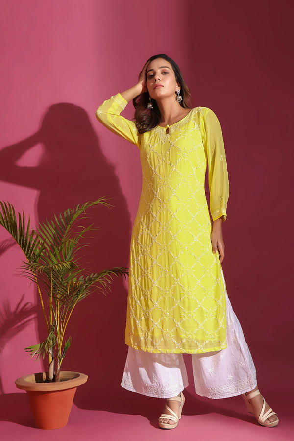 SUMMER YELLOW GEORGETTE CHIKANKARI KURTA