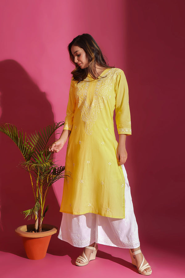 LEMON YELLOW CHIKANKARI COTTON KURTA