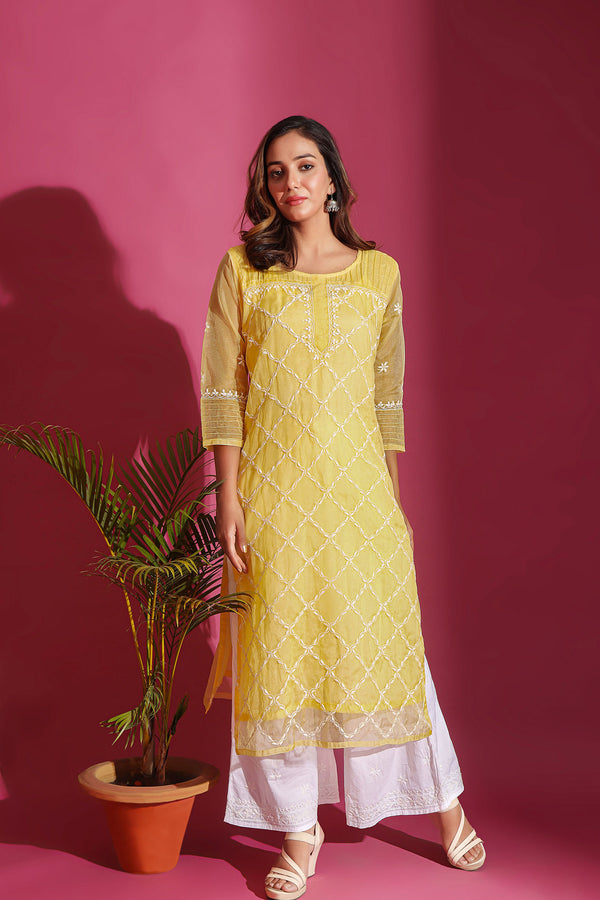 CANARY YELLOW ORGANZA CHIKANKARI KURTA