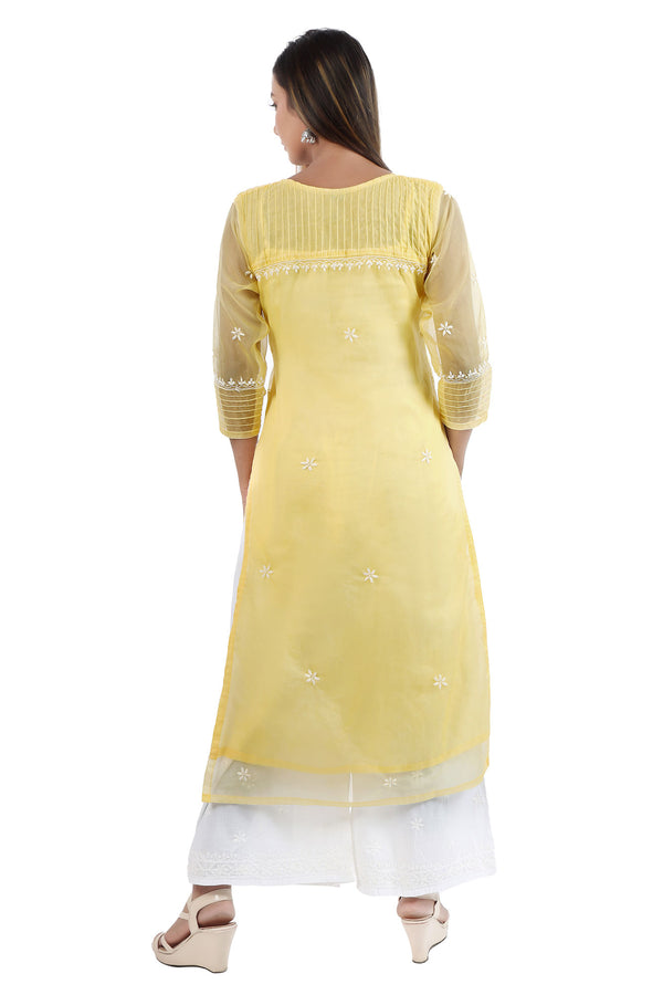 CANARY YELLOW ORGANZA CHIKANKARI KURTA